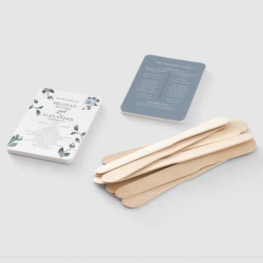 結婚式 プログラム |水彩ほこりっぽい青フローラ ハンドファン (組立なし)