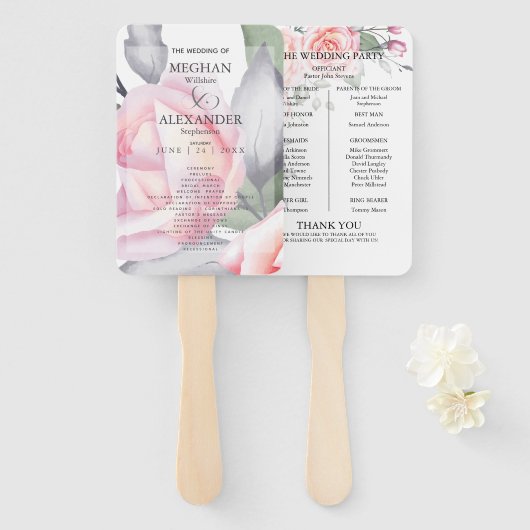 結婚式 プログラム |水彩ピンクのバラ ハンドファン (正面&裏面)