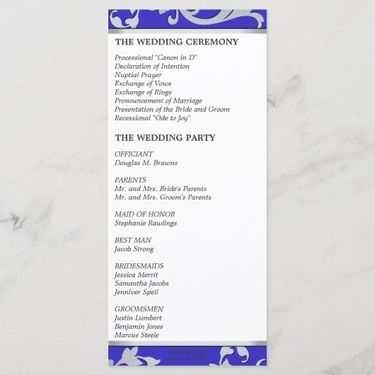 結婚式 プログラム-王室のブルーシルバースパークルスワール プログラム (裏面)