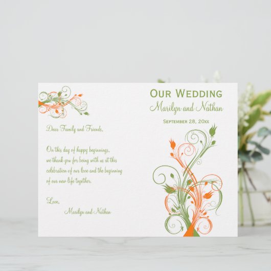 結婚式 プログラム |緑のオレンジ色の白|フローラ (スタンド正面)