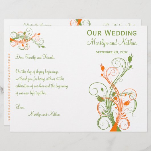 結婚式 プログラム |緑のオレンジ色の白|フローラ (正面/裏面)