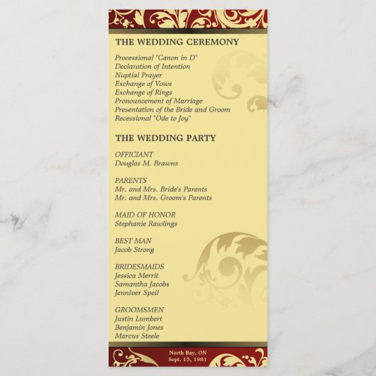 結婚式 プログラム – 赤および金ゴールドきらめくフローラ (裏面)