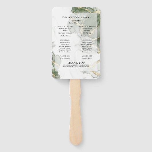 結婚式 プログラム | 金ゴールドミュートセージ緑のインク ハンドファン (裏面)
