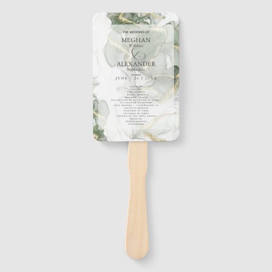 結婚式 プログラム | 金ゴールドミュートセージ緑のインク ハンドファン (正面)