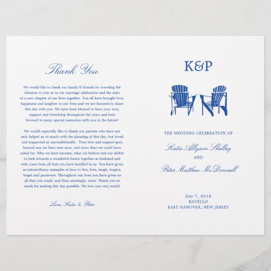 結婚式 プログラム | Blue Adirondackビーチ椅子 (正面)