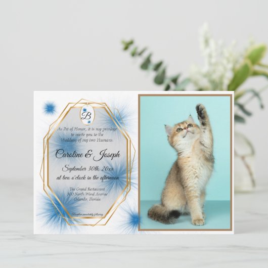結婚式、ペットの写真＆青い毛の房のタグ付き招待状 招待状 (スタンド正面)