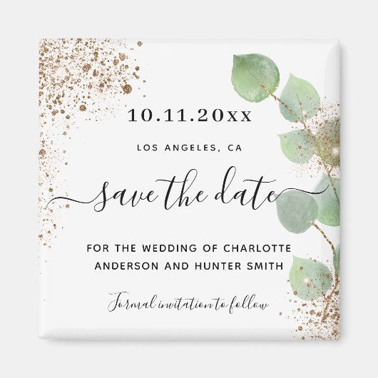 結婚式 ユーカリ ゴールド グリッター Save the Date マグネット (正面)