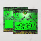 結婚式 ラブ バード モノグラム 黒 黄色 エメラルド 案内状 (正面/裏面)