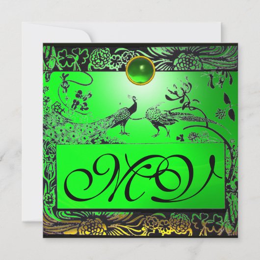 結婚式 ラブ バード モノグラム 黒 黄色 エメラルド 案内状 (正面)