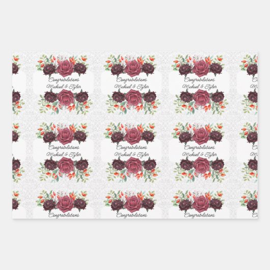 結婚式 ワインレッドのバラ 名前をカスタマイズ 3 ダマスク ラッピングペーパーシート (正面2)