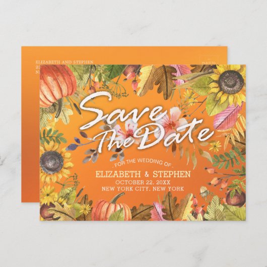 結婚式 保存日付 メープル 秋の落ち葉 かぼちゃ 案内ポストカード (正面/裏面)