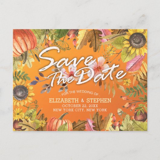 結婚式 保存日付 メープル 秋の落ち葉 かぼちゃ 案内ポストカード (正面)