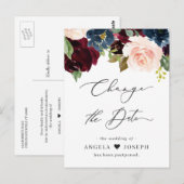 結婚式 延期 発表 バーガンディ ブラッシュ ネイビー フローラル ポストカード (正面/裏面)