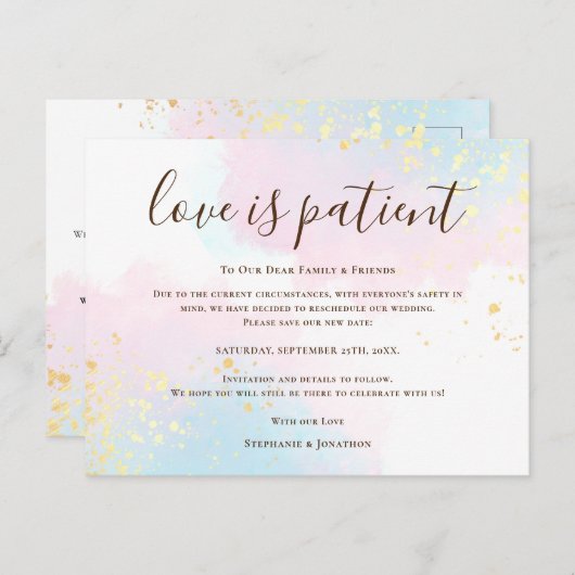 結婚式 愛は忍耐強い 保存 新しい日付 ティール ピンク 案内ポストカード (正面/裏面)