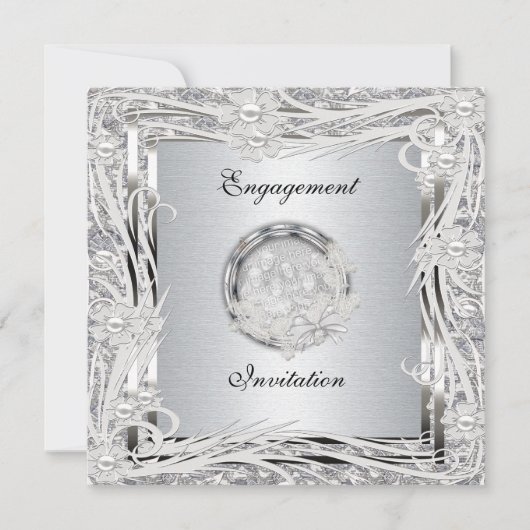 結婚式 招待状 婚約 シルバー 花 フレーム (正面)