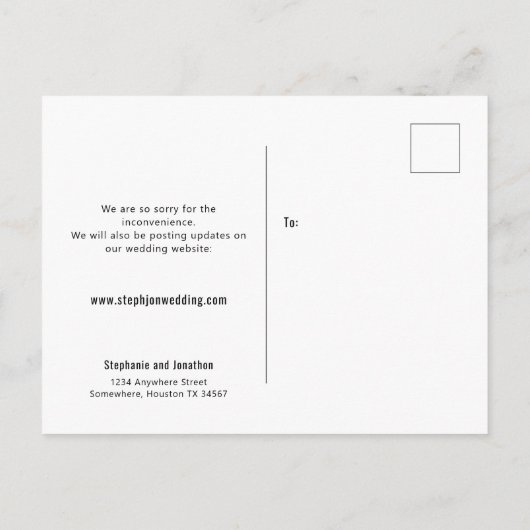 結婚式 新しい計画 保存日付 おしゃれなスクリプト 案内ポストカード (裏面)