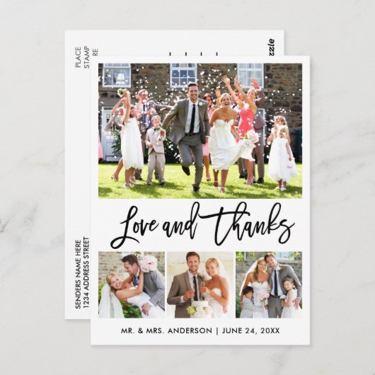 結婚式 現代のブラシスクリプト 愛に感謝 4枚の写真 ポストカード (正面/裏面)