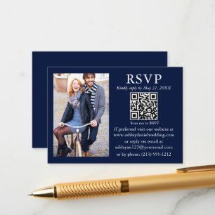 結婚式 現代 ミニマル フォト 青 QR RSVP エンクロージャーカード