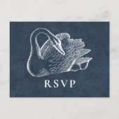 結婚式 白いスワン ネイビーブルー RSVP インビテーションポストカード (正面)