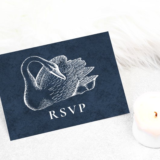 結婚式 白いスワン ネイビーブルー RSVP インビテーションポストカード