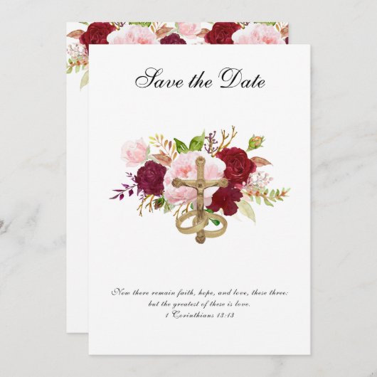 結婚式 赤とピンクのバラ 宗教的 十字架 セーブザデート (正面/裏面)