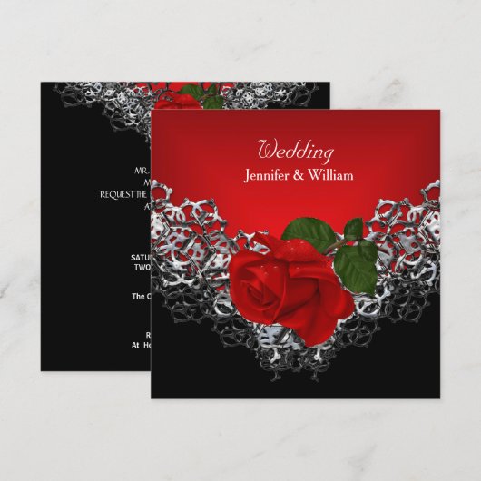 結婚式 黒 白 銀 深い赤 バラ 招待状 (正面/裏面)