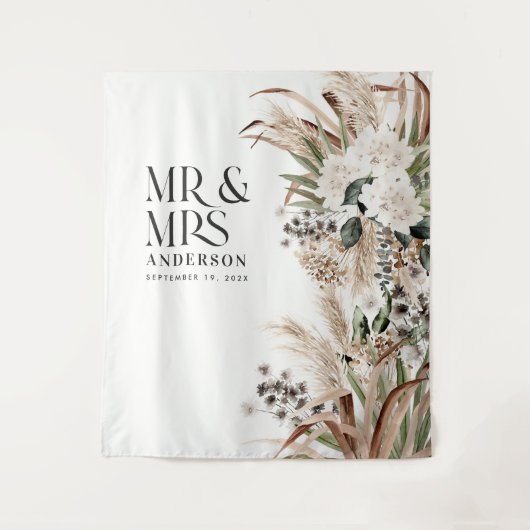 結婚式 Mr. and Mrs. パンパスグラス 現代 エレガント タペストリー (正面)