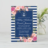 結婚式 Nautical ブルー ストライプ 花 ピンク 招待状 B (スタンド正面)