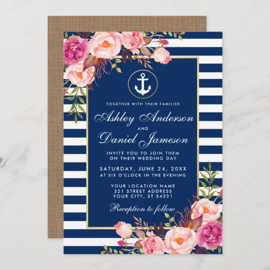 結婚式 Nautical ブルー ストライプ 花 ピンク 招待状 B (正面/裏面)
