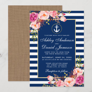 結婚式 Nautical ブルー ストライプ 花 ピンク 招待状 B