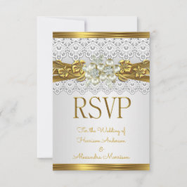 結婚式 RSVP ホワイトパール ゴールドレース フラワー 招待状