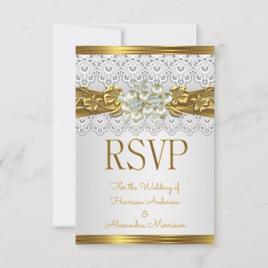 結婚式 RSVP ホワイトパール ゴールドレース フラワー 招待状 (正面)