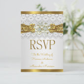 結婚式 RSVP ホワイトパール ゴールドレース フラワー 招待状 (スタンド正面)