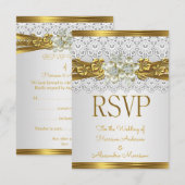 結婚式 RSVP ホワイトパール ゴールドレース フラワー 招待状 (正面/裏面)