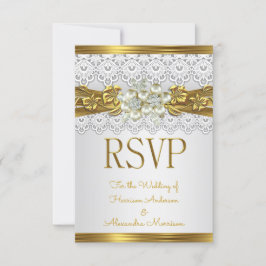 結婚式 RSVP ホワイトパール ゴールドレース フラワー 招待状