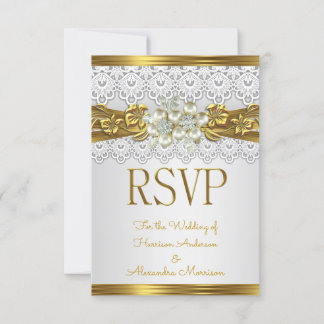 結婚式 RSVP ホワイトパール ゴールドレース フラワー 招待状
