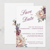 結婚式 Save the Date カード ヴィンテージ 紫の花 (正面/裏面)