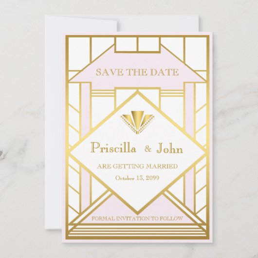 結婚式 Save the Date,グレートギャツビー,ホワイトゴールド ピンク セーブザデート (正面)
