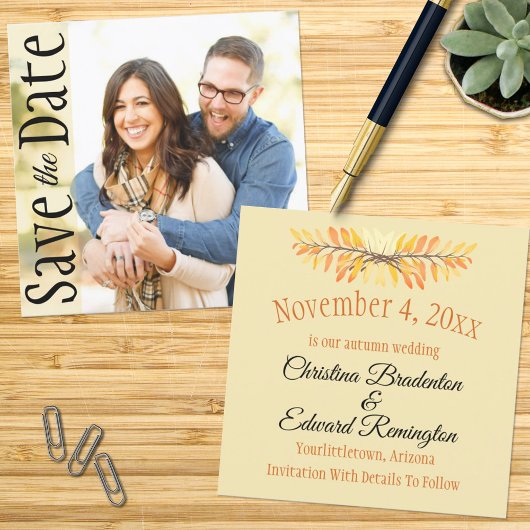 結婚式 Save The Date ミニマル ラスティック リーフ フォト 案内状
