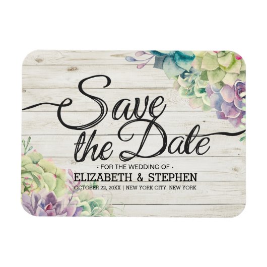 結婚式 Save The Date 多肉植物 ラスティック ウッド マグネット (横)