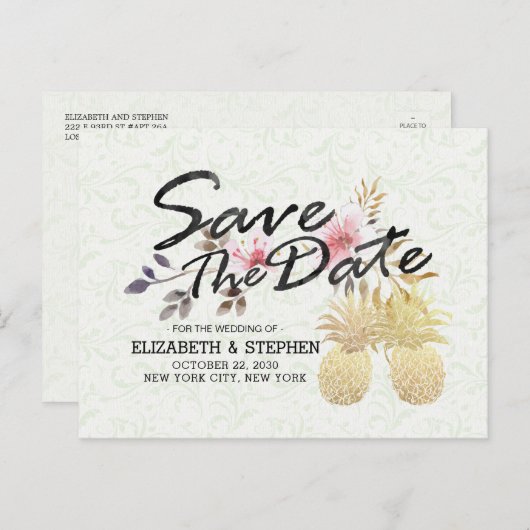 結婚式 Save The Date 現代風 ゴールド パイナップル カップル 案内ポストカード (正面/裏面)