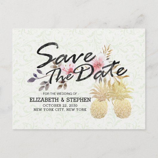結婚式 Save The Date 現代風 ゴールド パイナップル カップル 案内ポストカード (正面)
