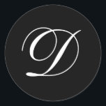 結婚式Dのモノグラムの黒のステッカー ラウンドシール<br><div class="desc">これらのステッカーはエレガントな筆記体Dのモノグラムを特色にします。 結婚式の引き出物のために素晴らしい。</div>