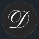 結婚式Dのモノグラムの黒のステッカー ラウンドシール<br><div class="desc">これらのステッカーはエレガントな筆記体Dのモノグラムを特色にします。 結婚式の引き出物のために素晴らしい。</div>