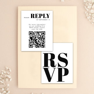 結婚式QRコードシンプルな黒白RSVPカード 出欠カード