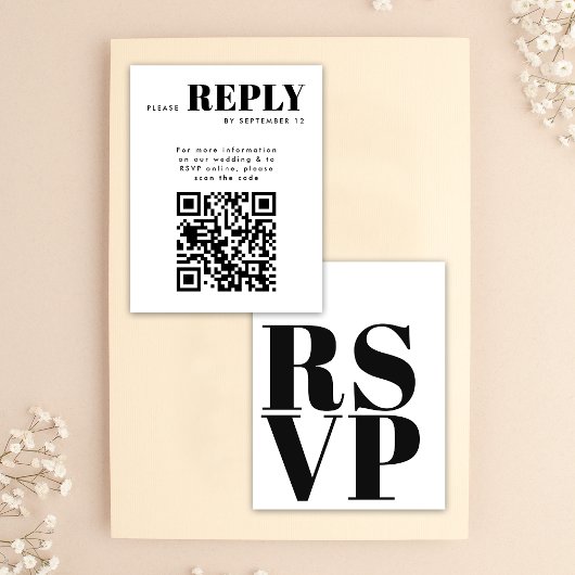 結婚式QRコードシンプルな黒白RSVPカード 出欠カード