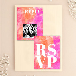 結婚式QRコード付きピンクとオレンジのRSVPカード 出欠カード