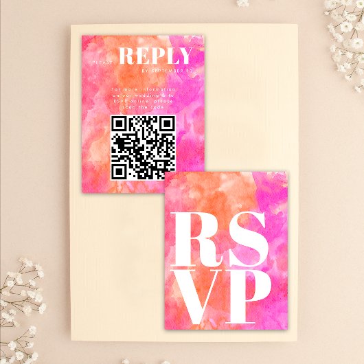 結婚式QRコード付きピンクとオレンジのRSVPカード 出欠カード