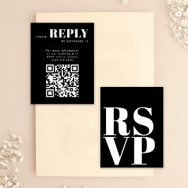 結婚式QRコード付スタイリッシュ黒白RSVPカード 出欠カード