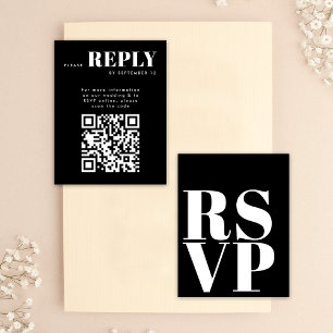 結婚式QRコード付スタイリッシュ黒白RSVPカード 出欠カード
